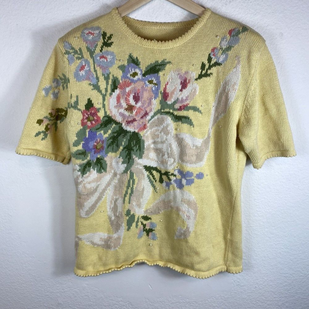 Vintage Susan Bristol Women's Medium Ramie Knit Sweater Floral Cottage‎ Granny